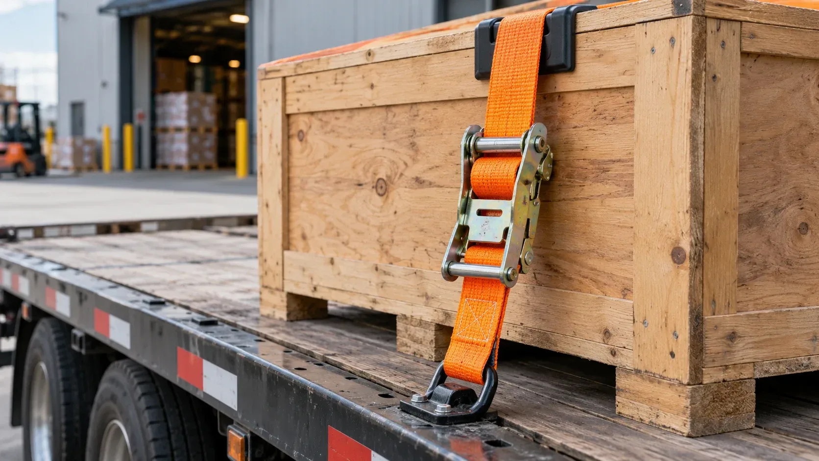 Orange ratchet tie-down strap securing a wooden shipping crate on a flatbed trailer — AI-generated editorial illustration