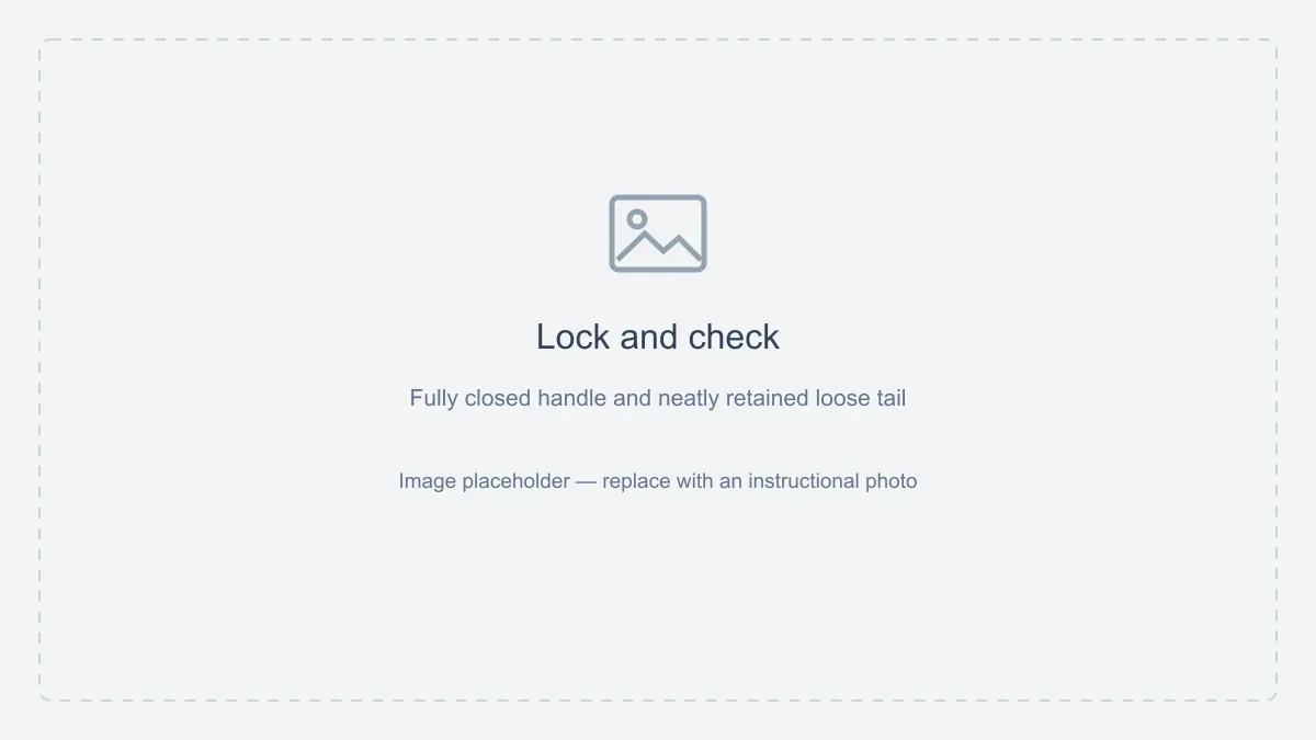 Image placeholder: Lock and check. Fully closed handle and neatly retained loose tail.