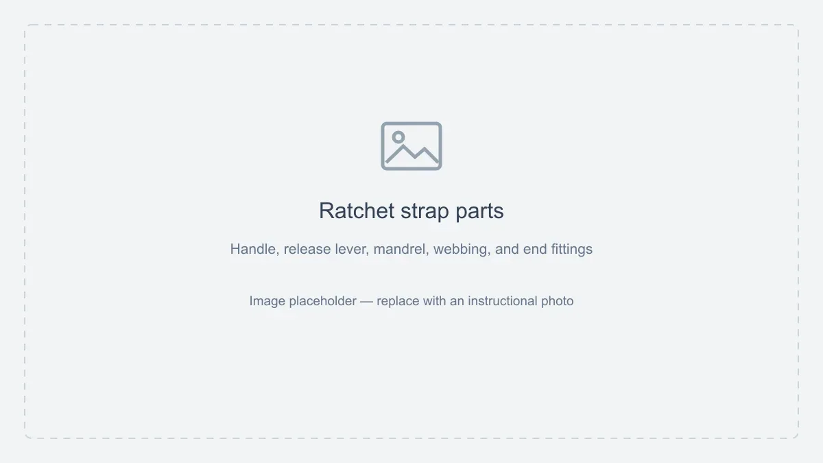 Image placeholder: Ratchet strap parts. Handle, release lever, mandrel, webbing, and end fittings.
