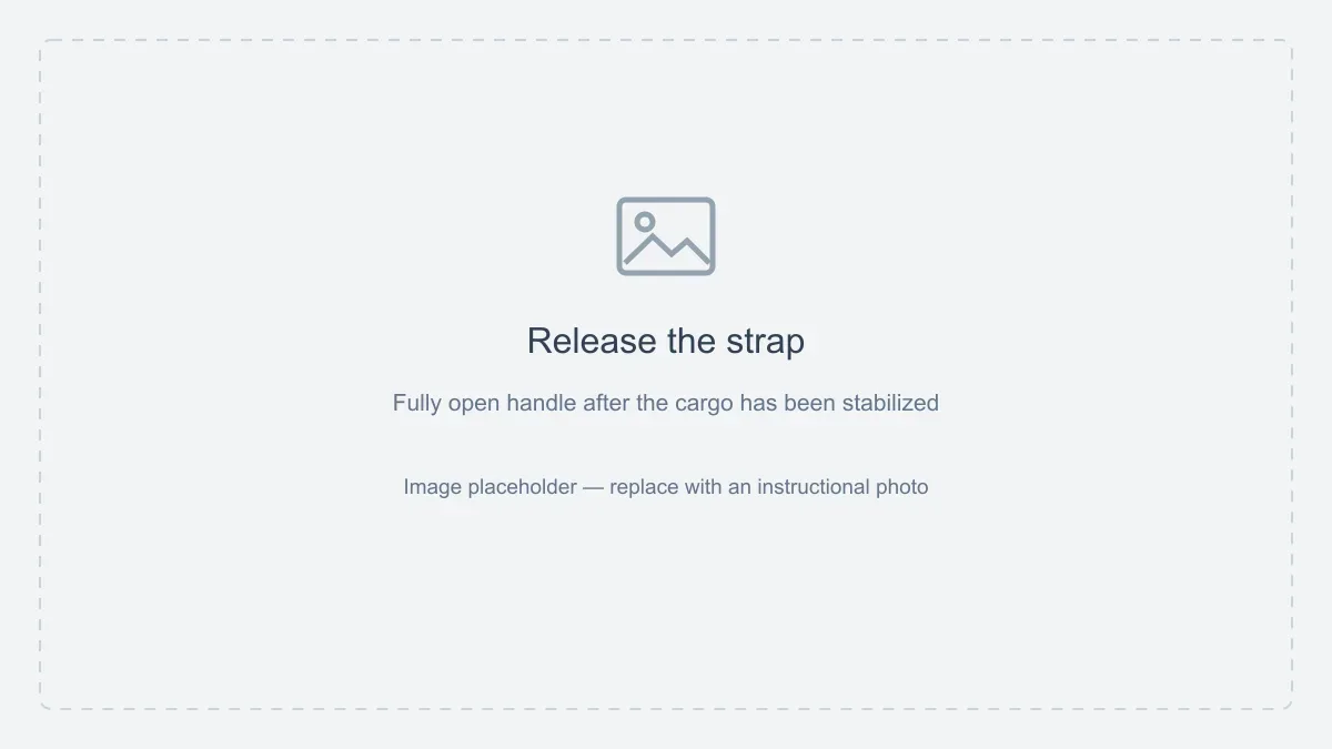 Image placeholder: Release the strap. Fully open handle after the cargo has been stabilized.