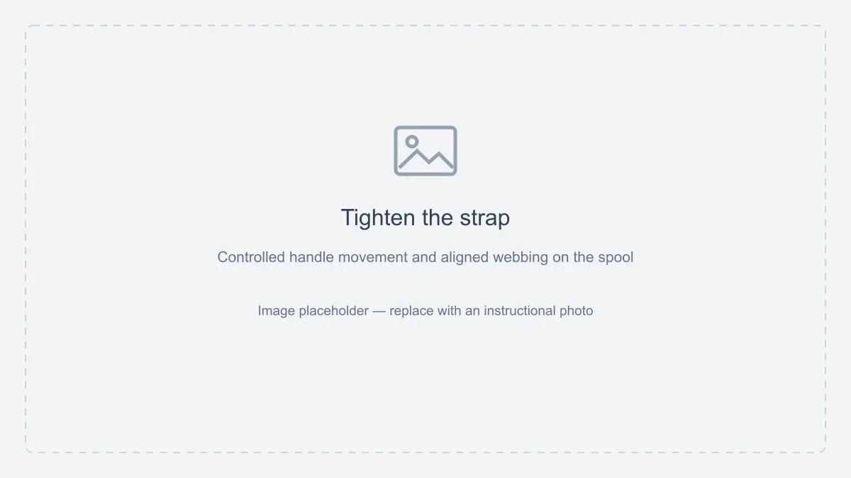 Image placeholder: Tighten the strap. Controlled handle movement and aligned webbing on the spool.